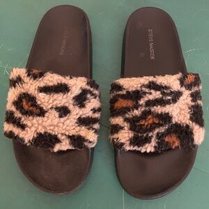 Steve Madden Black and Brown Fuzzy Slides